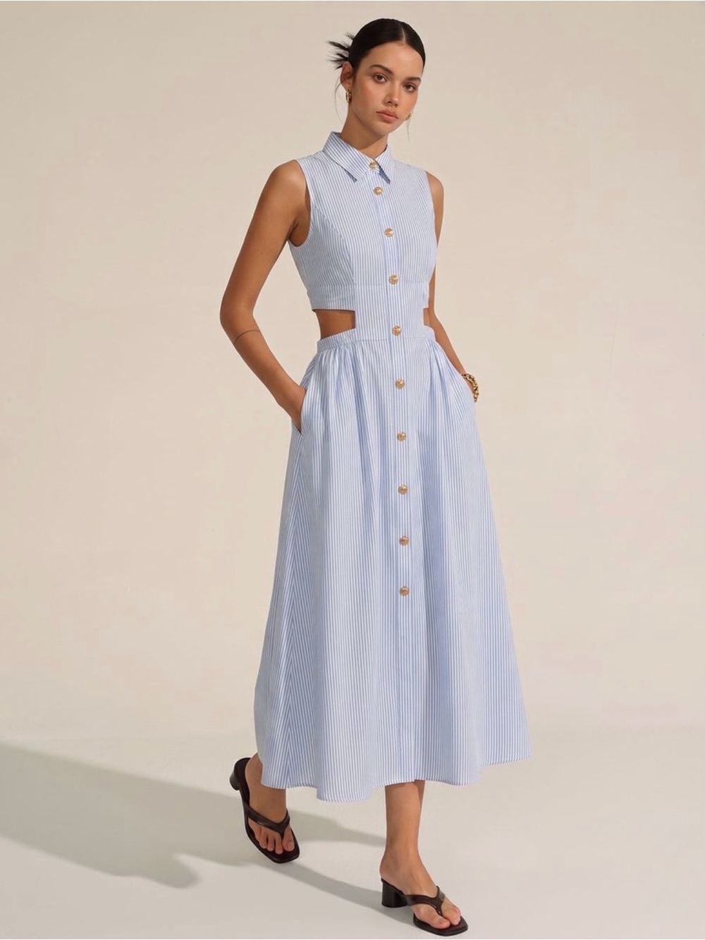 Commense Pale Blue & White Striped Sleeveless Midi Shirt Dress